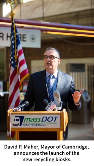 David P. Maher, Mayor of Cambridge, announces the launch of the new recycling kiosks.