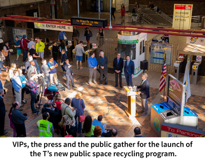 VIPs, the press and the public gather for the launch of  the T’s new public space recycling program.