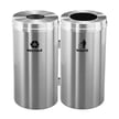 Includes two steel bins with Satin Aluminum finish lids and bodies, and 16-gallon plastic liners 