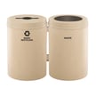 Includes two steel bins with Satin Aluminum finish lids and bodies, and 16-gallon plastic liners 