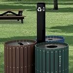 Three-Stream Recycling and Waste Barrel Station with Sign Post - Configurable