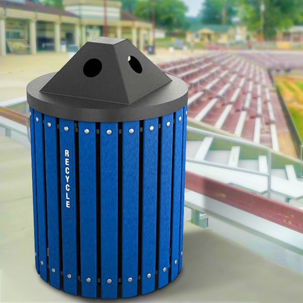 Pyramid Lid Barrel in Blue with Recycle labels 