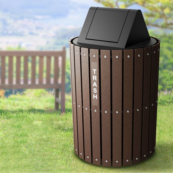 Swing Lid Barrel in Brown with Trash labels 