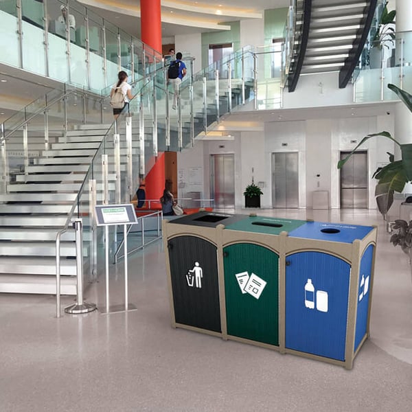 Comes as shown: 'Waste Only' in black, 'Paper Only' in green, and 'Bottles and Cans' in blue 