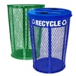 Expanded Metal Recycling Receptacle in blue and Waste Barrel in green. 