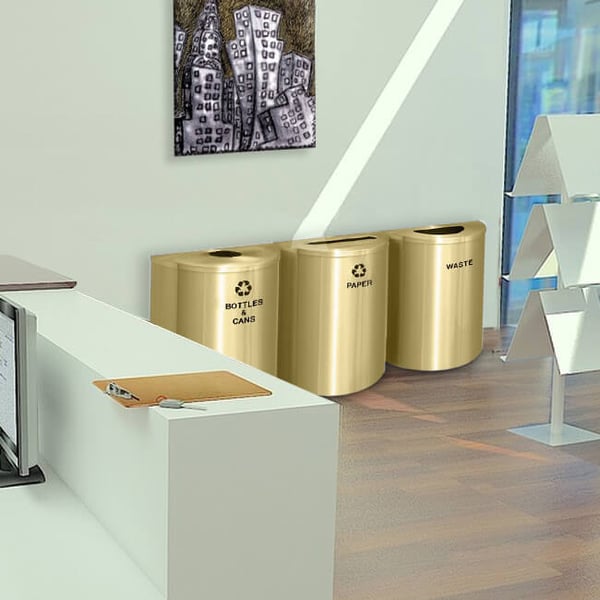 The Satin Brass finish on this 3-bin combo will accent your hotel or office decor 