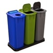 Shown with Blue bin w/blue circle lid & recycling label, Green bin w/green lift lid & compost label, Gray bin w/gray lift lid & landfill label, and Black base 