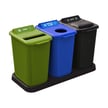 Station includes: Green paper bin w/slot lid, Blue bottles & cans bin w/circle lid, Black waste bin w/lift lid and full opening 