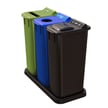 Station includes: Green paper bin w/slot lid, Blue bottles & cans bin w/circle lid, Black waste bin w/lift lid and full opening 