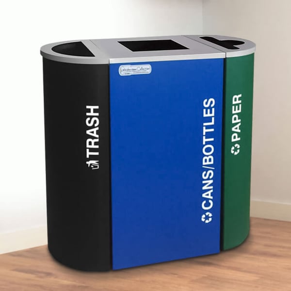 Product comes as shown- Trash in black, Cans/Bottles in blue, and Paper in green 