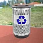 Stadium 55 Gallon Perforated Recycling Receptacle with Flat Top in Stainless Steel with Symbol