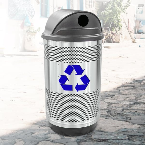 Stadium 55 Gallon Perforated Recycling Receptacle with Hood Top in Stainless Steel 