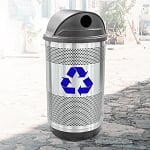 Stadium 55 Gallon Perforated Recycling Receptacle with Hood Top in Stainless Steel with Symbol