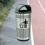 Stadium 35 Gallon Perforated Waste Receptacle with Hood Top in Stainless Steel with Symbol