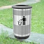 Stadium 55 Gallon Perforated Waste Receptacle with Flat Top in Stainless Steel with Symbol