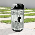 Stadium 55 Gallon Perforated Waste Receptacle with Hood Top in Stainless Steel with Symbol