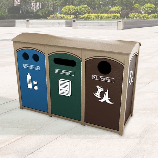 <center><font color="#669933"><b>Optional hinged flap-doors available. </b></font>Please contact us for more info.<br>Pictured: Amherst Sideload Triple Recycling Station 