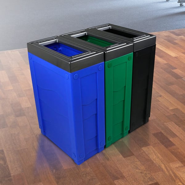 Evolve Full-Color Three-Stream Cube Slim Recycling Station (Blue, Green, Black) 