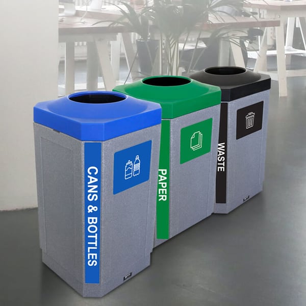 Station includes two recycling bins and one trash bin 