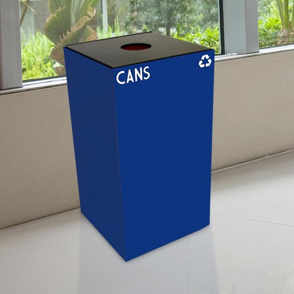 In blue with circle opening and "Cans" decal 