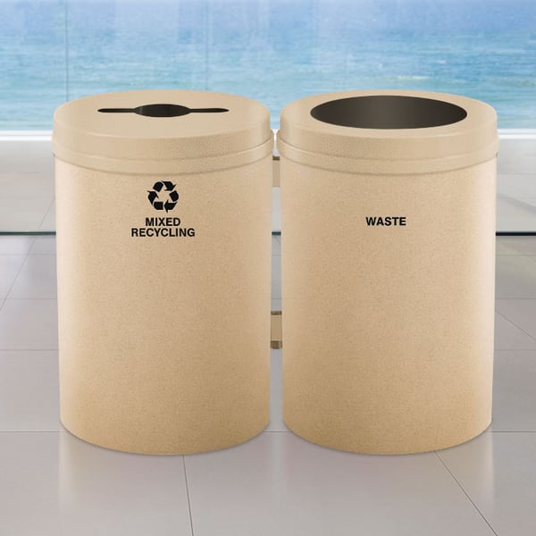 Includes two steel bins with Satin Aluminum finish lids and bodies, and 16-gallon plastic liners 