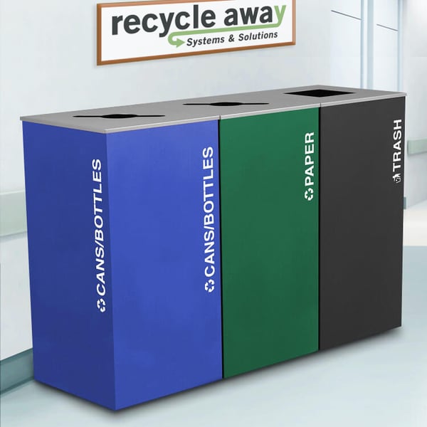 Comes as shown: Cans/Bottles in blue, Paper in green, and Trash in black 