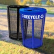 Expanded Metal Recycling Receptacle in blue and Waste Barrel in black. <br>Both units are shown with optional inner liner. 