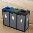 Comes as shown: 'Bottles & Cans' with blue lid, 'Paper Only' with green lid, and 'Waste Only' with black lid 