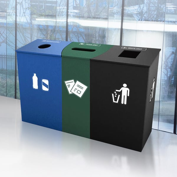 Comes as shown: 'Bottles & Cans' in blue, 'Paper Only' in green, and 'Waste Only' in black 