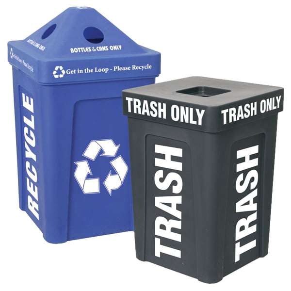 Recycle Bin I with Pyramid Lid in Blue and the Trash Bin I in Black 